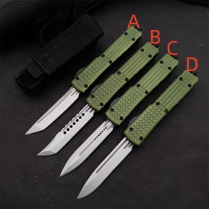 Small Navy Straight Out Switchblade Knife with Green Handle