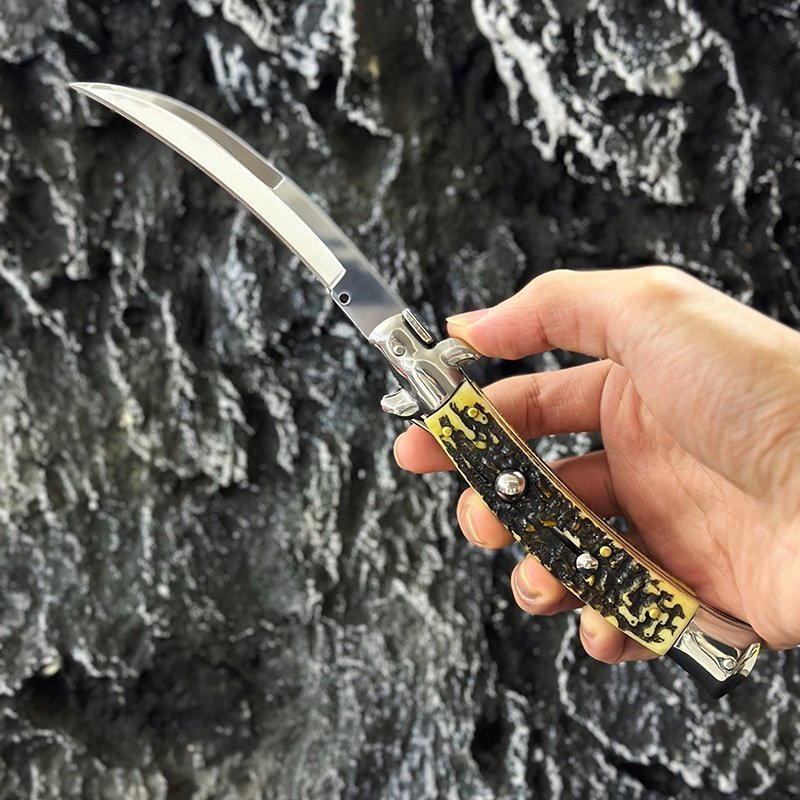 O1CN01Qr5yJ81tCDqeC6o39_2215853255865-0-cib-1.jpg 9 Inch Faux Deer Bone Curved Blade Switchblade Stiletto Switchblade