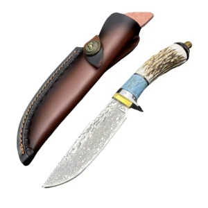 Collection of straight Damascus knife with antler inlaid brass handle and cowhide sheath