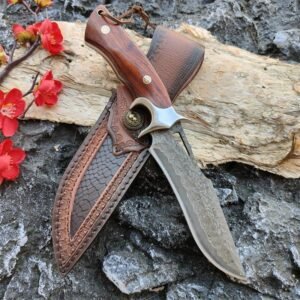 Drop Point Fixed Blade Damascus Steel Wood Handle Outdoor Knife