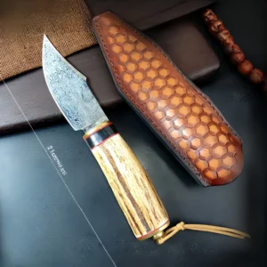 Damascus forged steel camping small straight knife antler handle knife