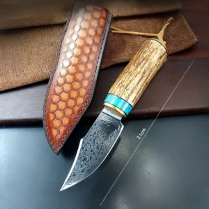Damascus forged steel camping small straight knife antler handle knife