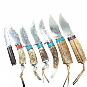Damascus forged steel camping small straight knife antler handle knife